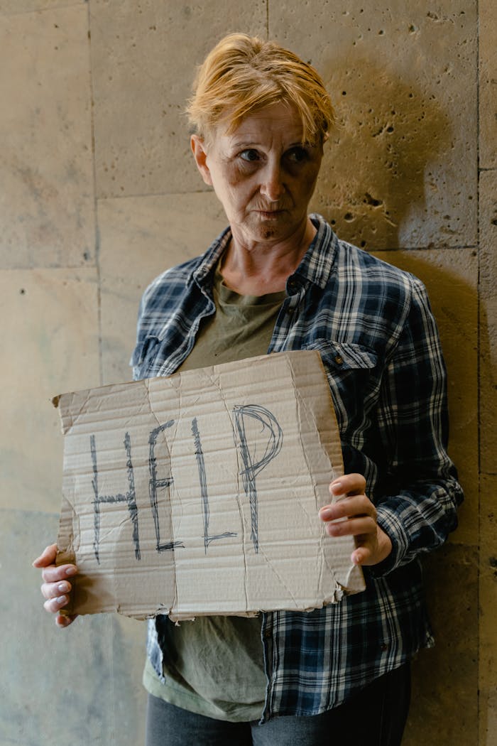 An elderly woman holding a cardboard sign reading 'HELP' in a city environment.
